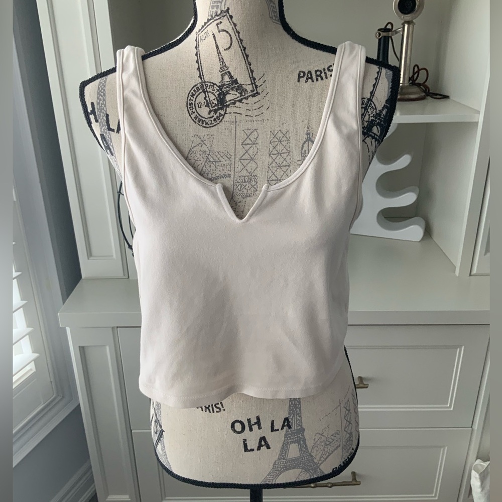GOOD AMERICAN Cropped Tank Top Sleeveless V Keyhole Cutout Cream Womens Size XL